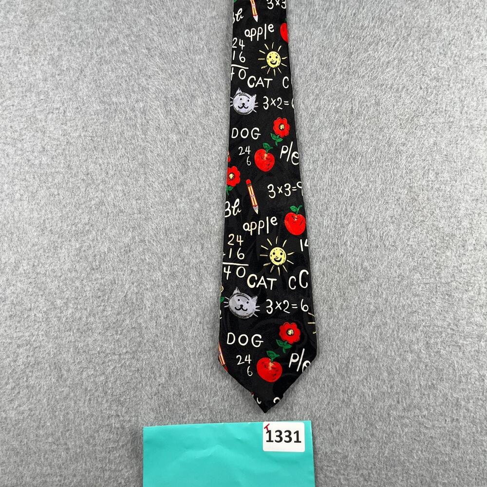 School Teacher Necktie Math Animals Apples Print Renaissance Colorful